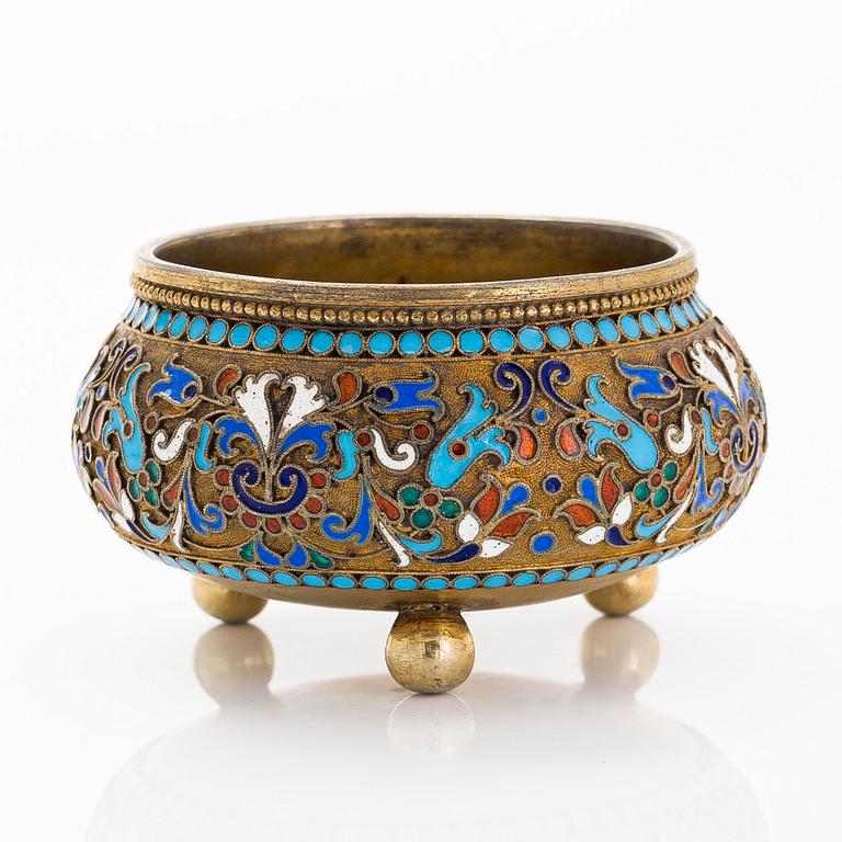 Parcel-gilt, cloisonné enamel salt cellar and spoon, Moscow 1882-89.