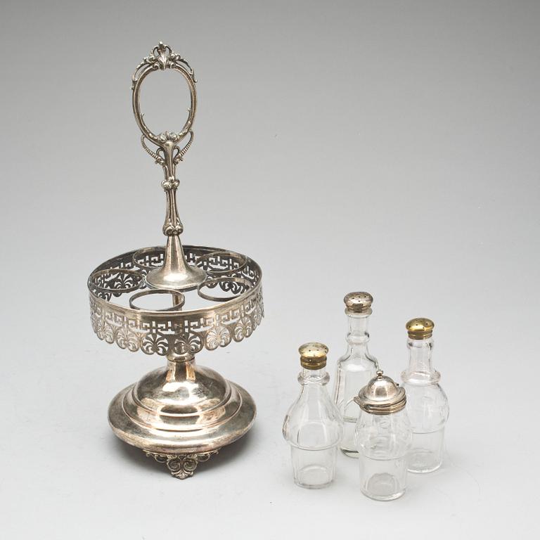 BORDSSURTOUT, nysilver, glas, sekelskiftet 18/1900.