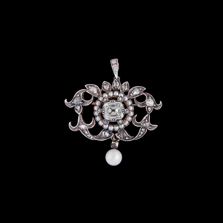 An antique cut diamond brooch, app. 0.90 cts.