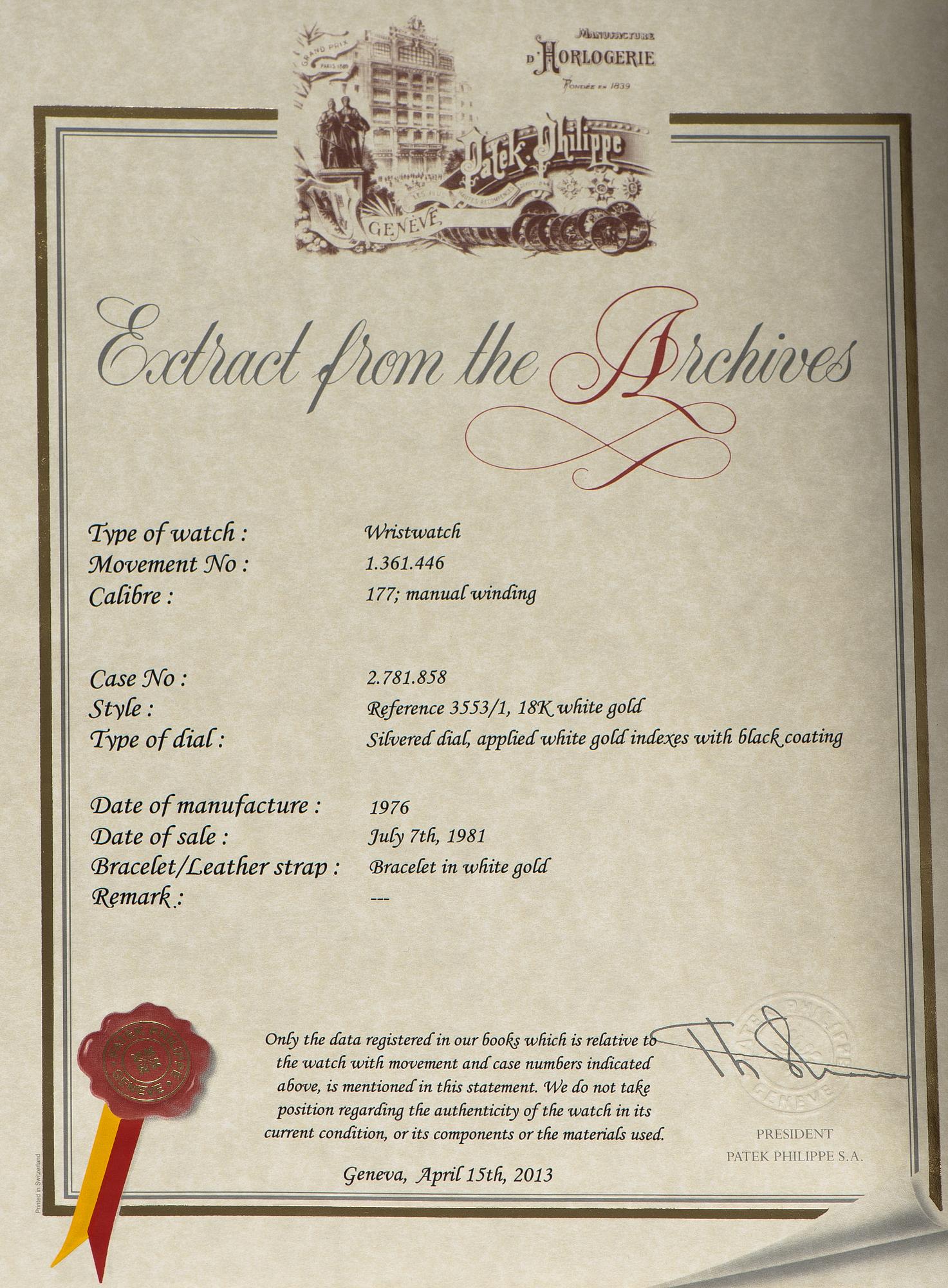 WRISTWATCH, Paterk Philippe 3553, 18K white gold, 26 diamonds. Original certificate. Manufactured 1976.