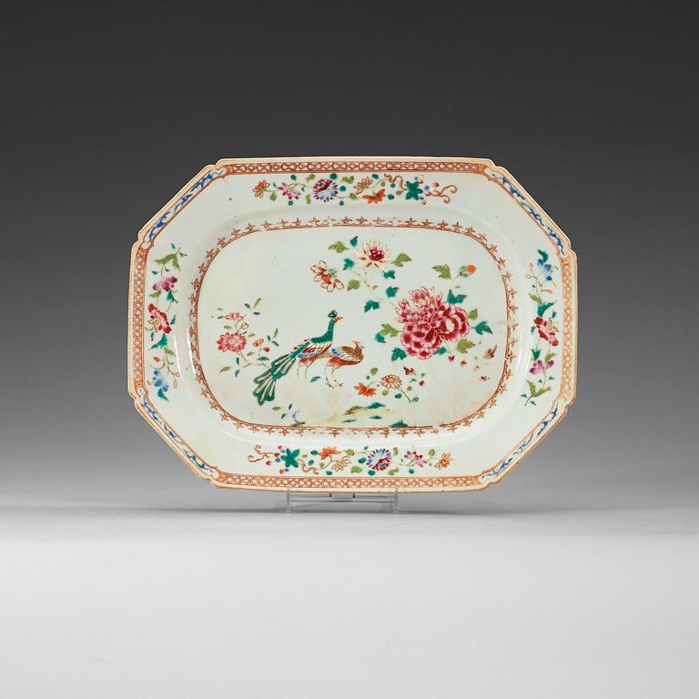 A famille rose 'double peacock' serving dish, Qing dynasty, Qianlong (1736-95).