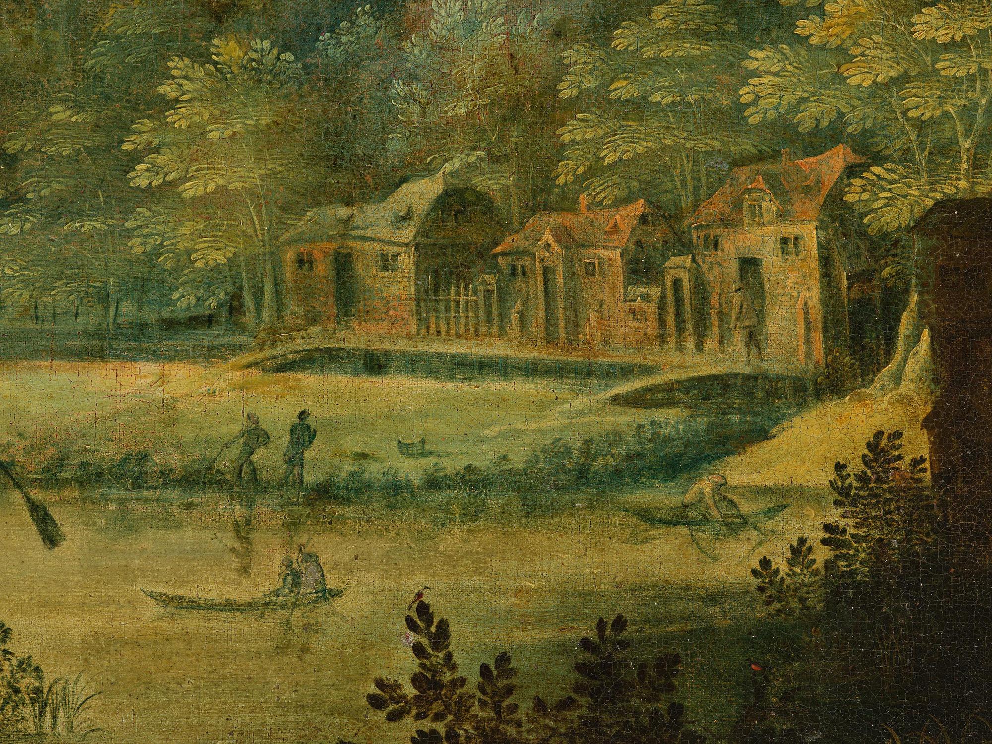 Flemish school, 16th/17th century in the manner of Anton Mirou, Landscape with figure staffage by a village.