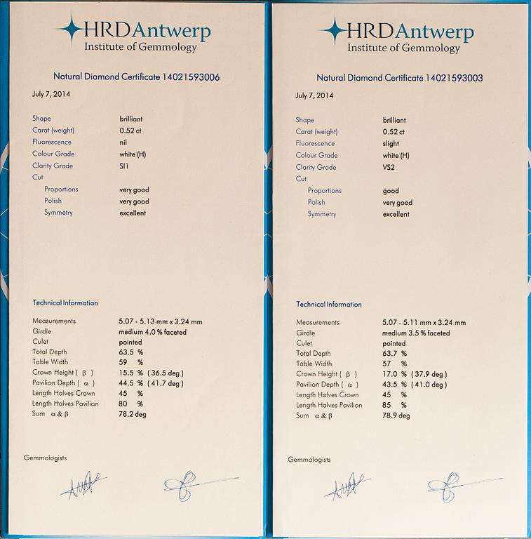 Örhängen, 18K vitguld, diamanter ca 1.04 ct tot. Med HDR Antwerp certifikat.