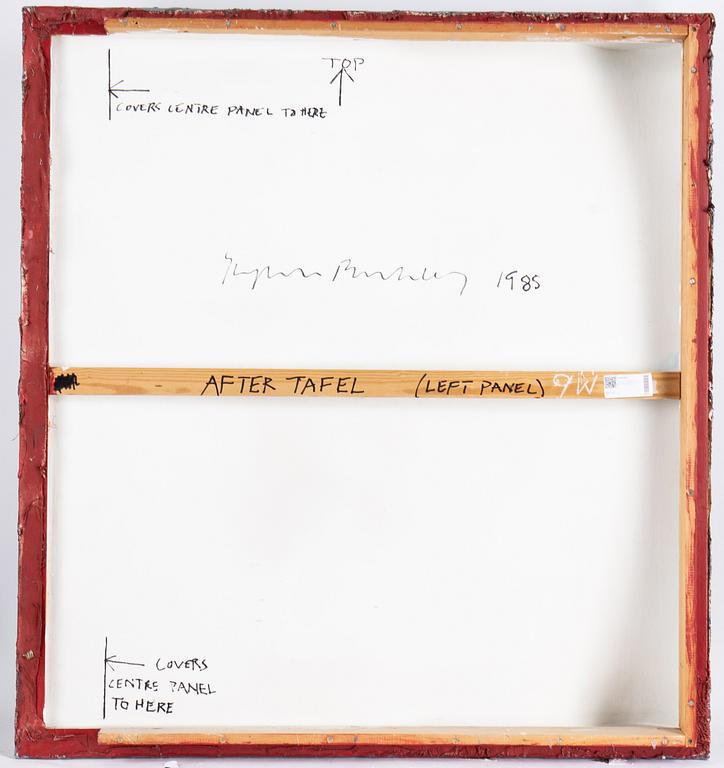 Stephen Buckley, triptyk, mixed media on canvas, signed and dated 1985 verso.