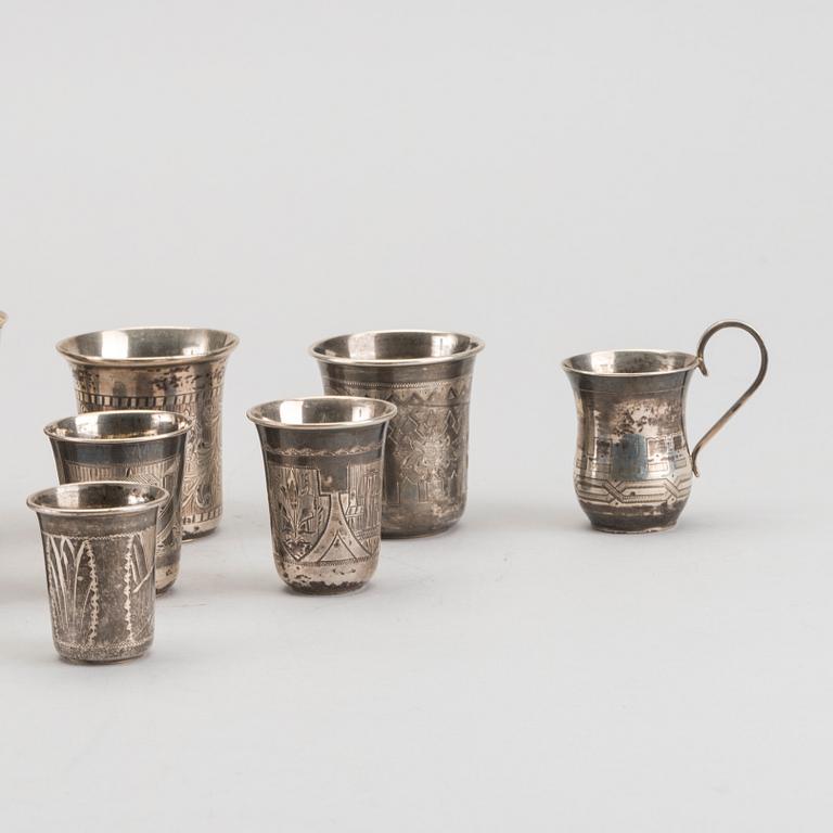 A set of nine different Russian silver vodka beakers 19th century, weight ca 327 gr.