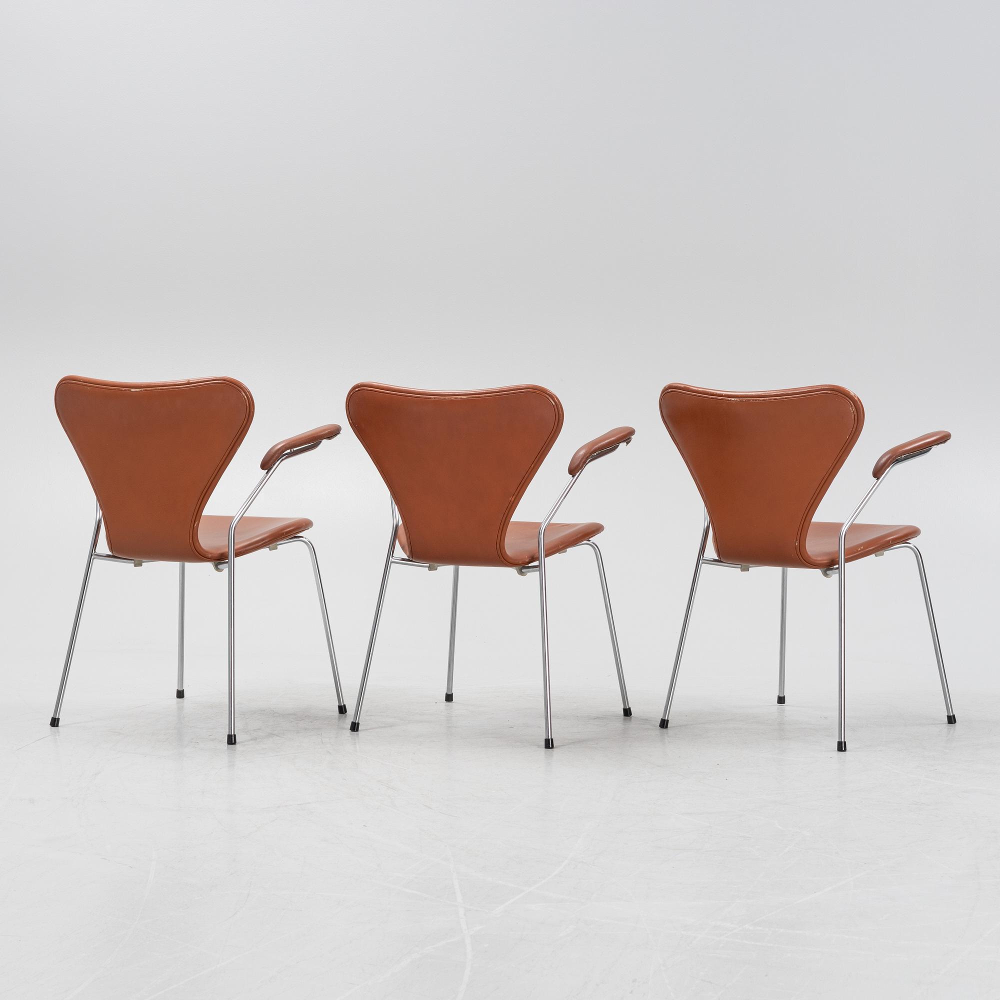 Arne Jacobsen, three "Series 7' armchairs, Fritz Hansen, Denmark, 1988.