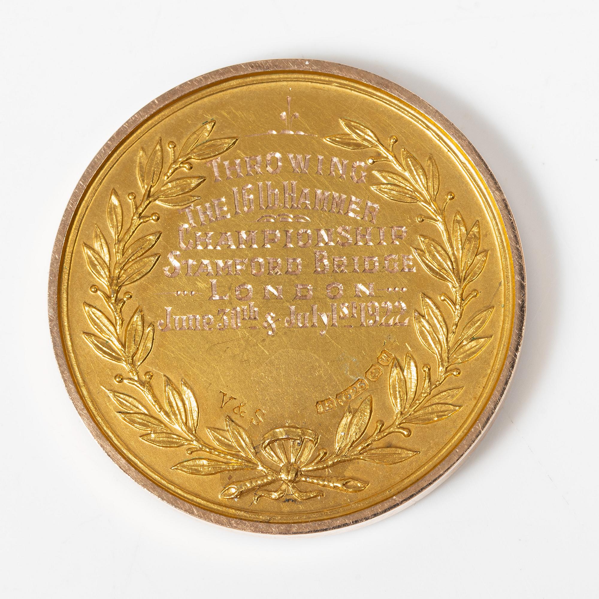 Medalj, 15K guld, England, 1922.