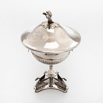 An Empire Style silver sugar bowl with lid, maker's mark of Carl Gustaf Herpel, Stockholm 1818.