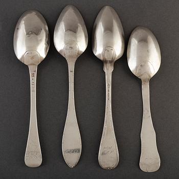 Skedar, 4 st olika, silver, 17-/1800-tal, bl a Otto Wilhelm Kjellberg, Västerås 1840.