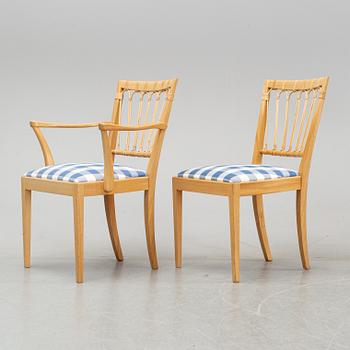 Josef Frank, stolar, modell 1165, 8 st + 2 karmstolar, Firma Svenskt Tenn, formgivna 1946-47.