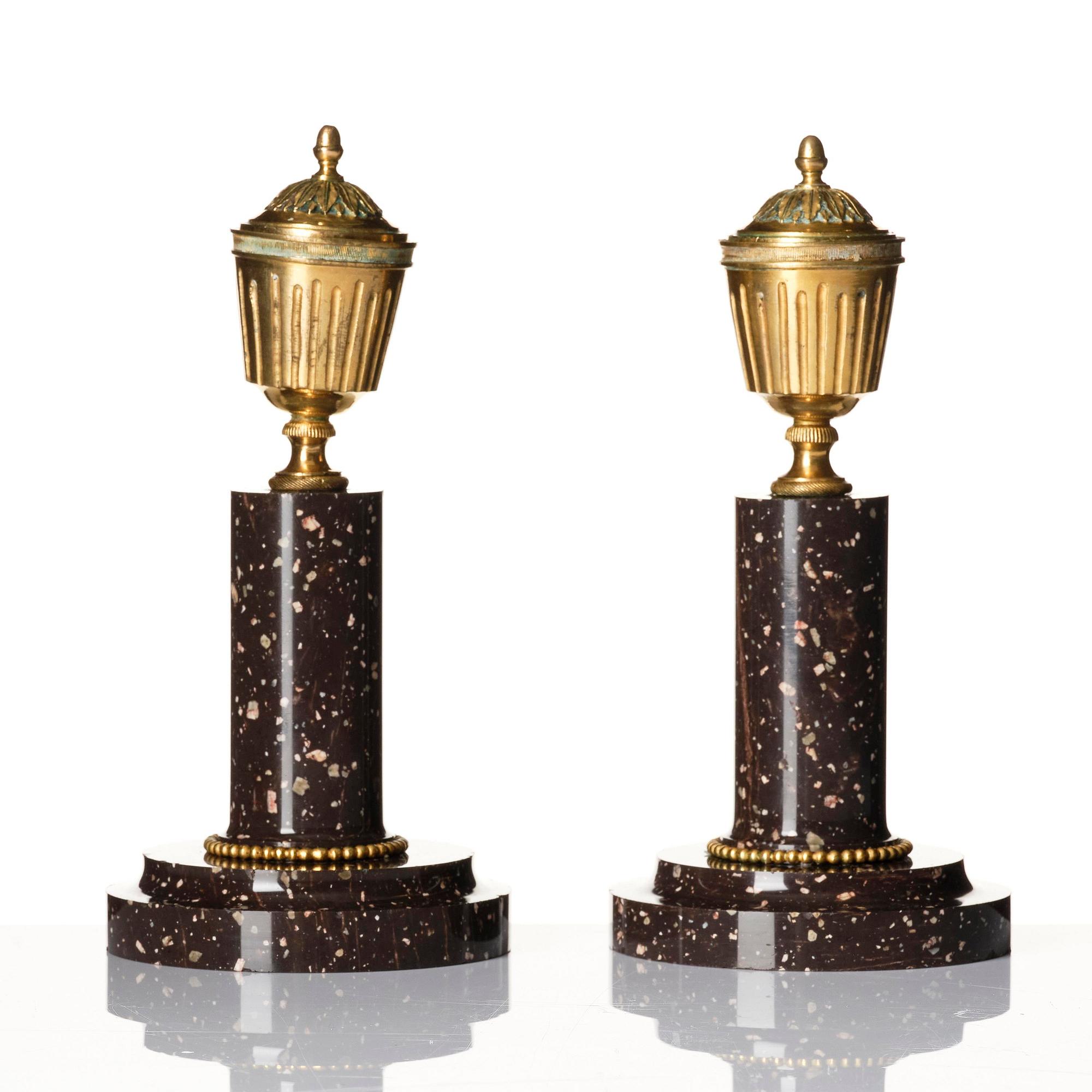 A pair of late Gustavian Swedish porphyry and ormolu cassolettes.