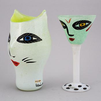 ULRICA HYDMAN-VALLIEN, a set of three glass vases ans a wineglass, Kosta Boda.