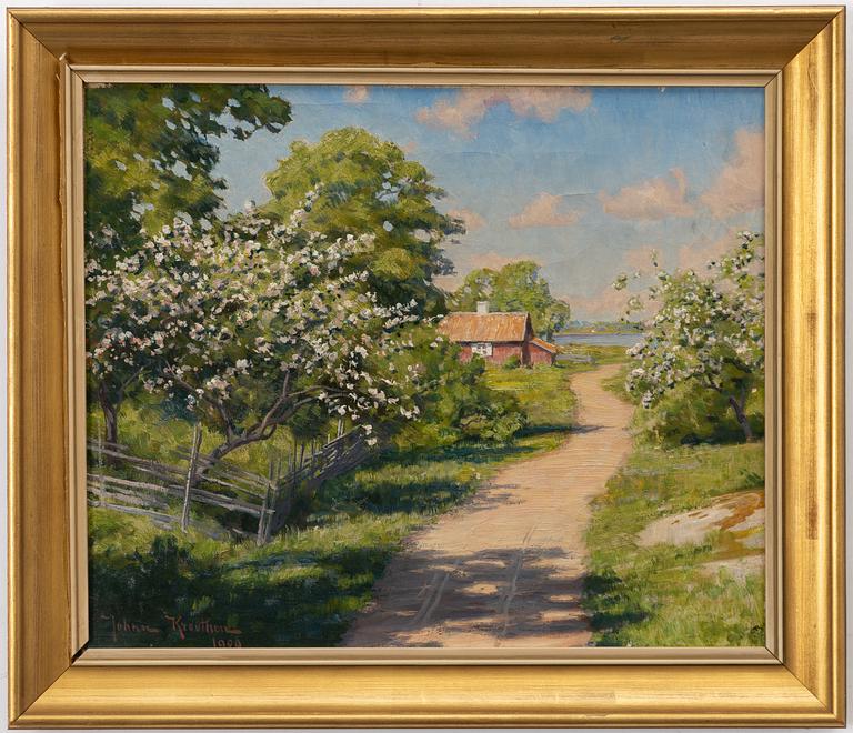 Johan Krouthén, Sunlit gravel road with a red cottage by the lake.