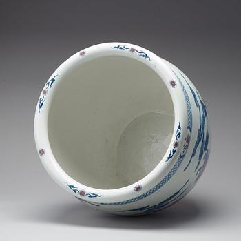 A pair of massive Chinese blue and white and red basins, 20th Century.