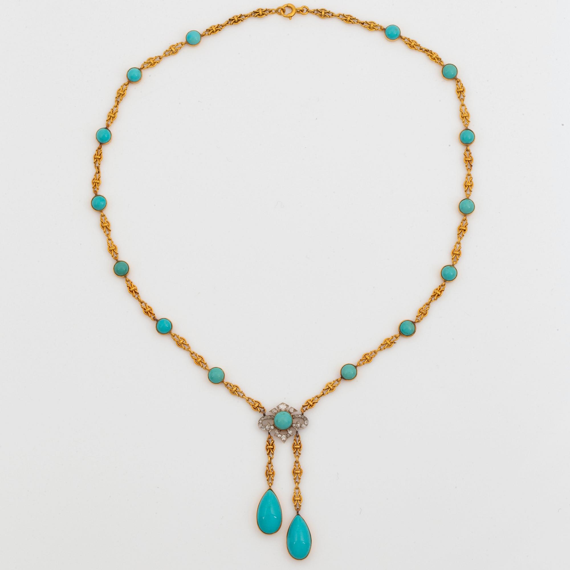 Collier 18K guld och platina med turkoser samt gammal- och rosenslipade diamanter.