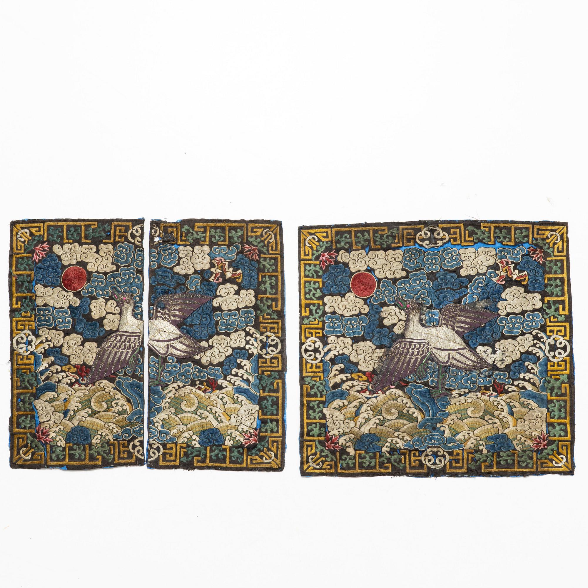 A pair of embroidered civil officials rank badges, Buzi, with egrets, Qing dynasty, 19th century.