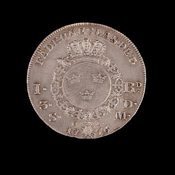 MYNT, silver, 1 riksdaler, Gustav III, 1776. Total vikt 29 g.