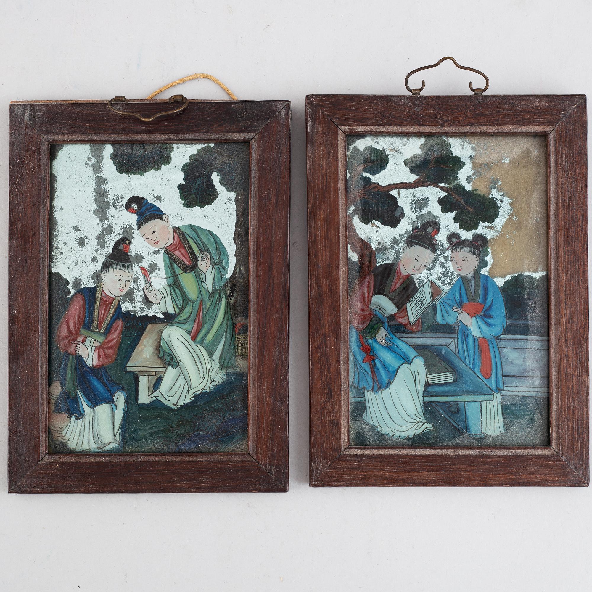 Five Chinese reverse glass paintings, 20th century.
