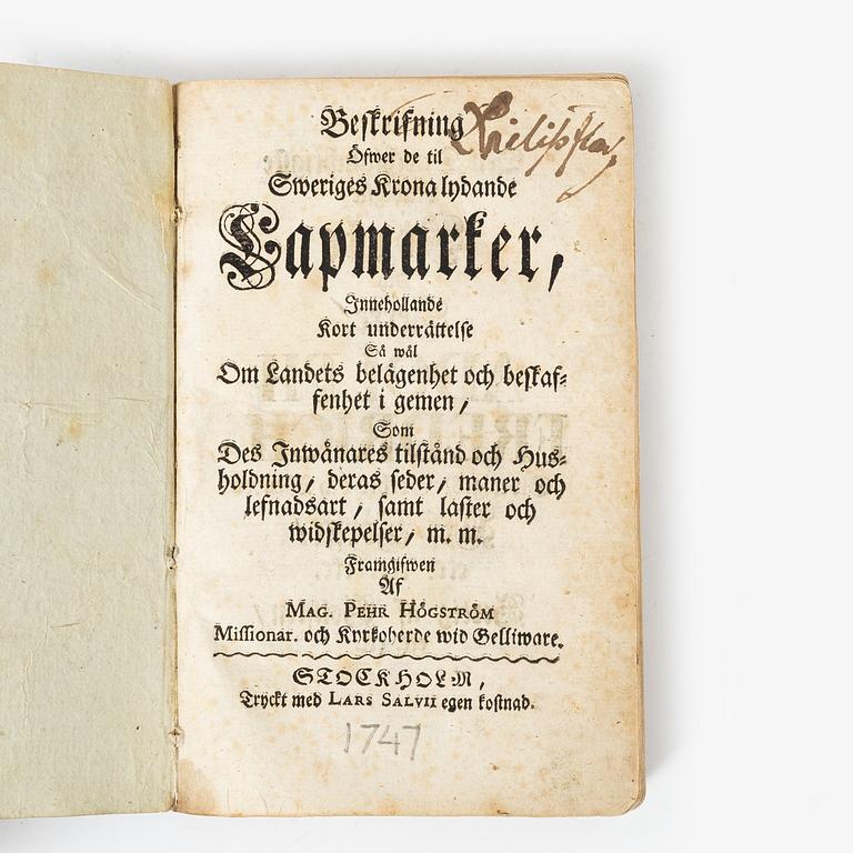 Bok. Beskrivning över Sveriges lappmarker, 1746/7.