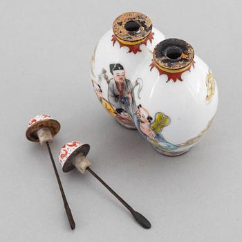 A Chinese enamel conjoined-twin "Immortals" snuff bottle, 20th Century.