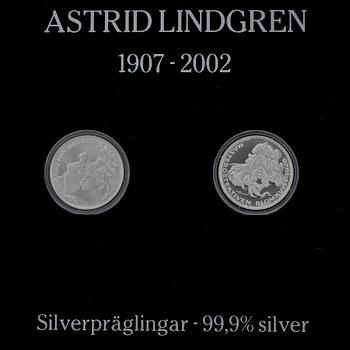 MYNT, 14 st, silver, "Bevara Astrid Lindgrens barnvärld", 2000-tal. Tot vikt 370g.