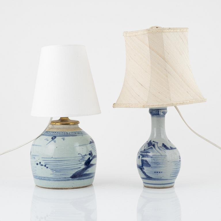 Two blue and white vases/table lamps, China, 18th/19th century.