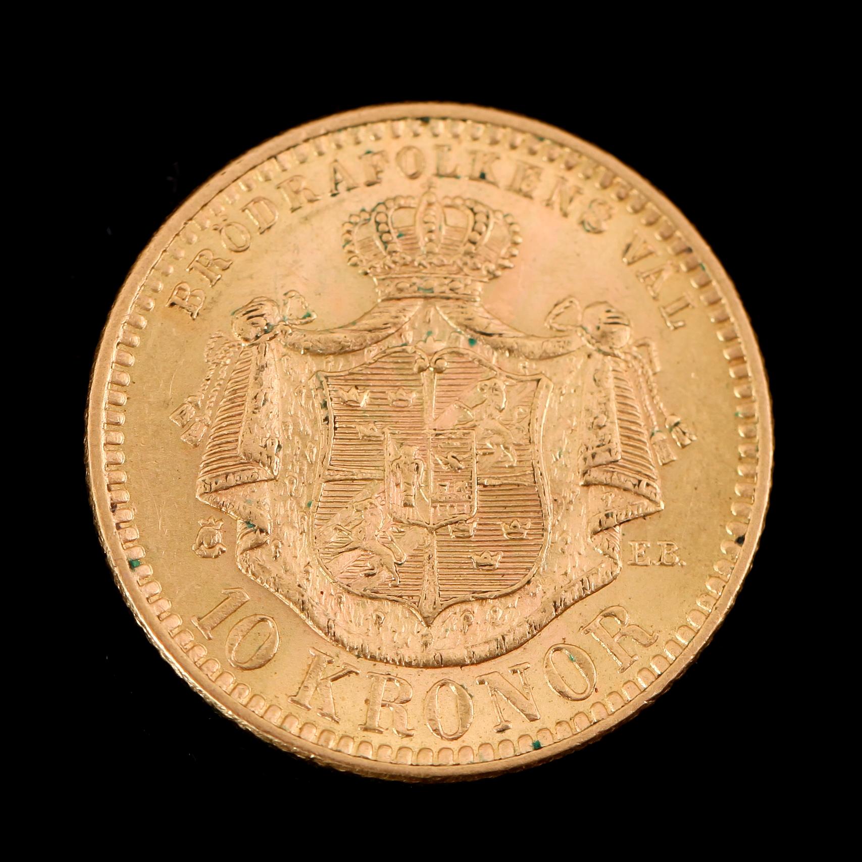 GULDMYNT, 10 kronor, Oscar II, 1901.  Vikt ca 5 gram.