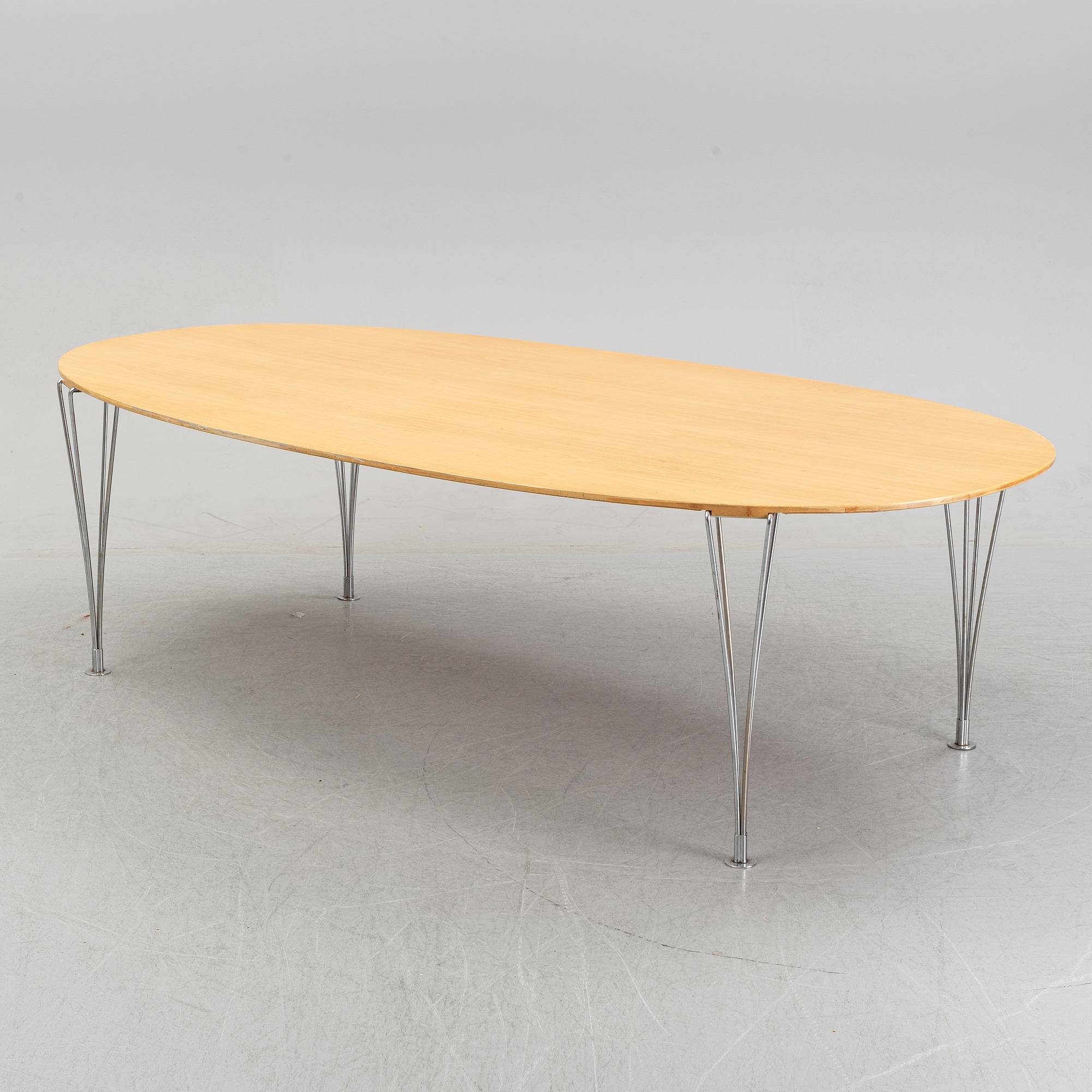 Piet Hein & Bruno Mathsson. A dining table "Super ellips", table top in birch. Labeled. Fritz Hansen.