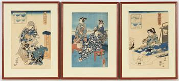 Utagawa Kuniyoshi, färgträsnitt, 3 st, Japan, 1800-talets mitt.