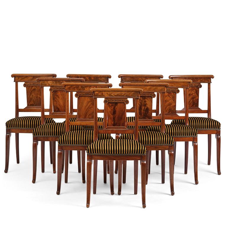 A set of nine Charles X mahogny dining chairs.