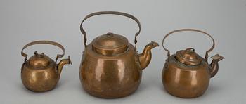 KAFFEKANNOR, 8 st, koppar, 1800-1900-tal.