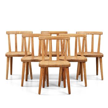 296. Axel Einar Hjorth, a set of six "Utö" stained pine chairs, Nordiska Kompaniet, Sweden 1930's.