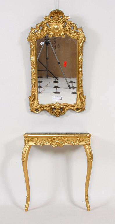 SPEGEL samt KONSOLBORD, rokokostil, 1900-tal.