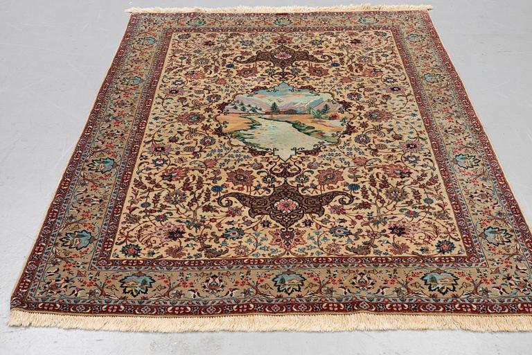 A carpet, semi-antique Tabriz, figural, signed, ca 234 x 170 cm.