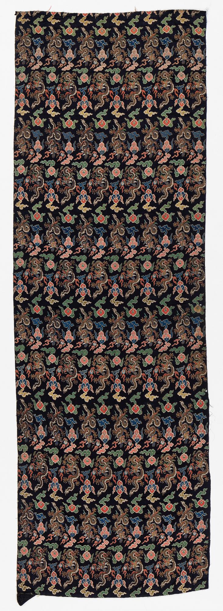 A set of three bolts of silk with 'five clawed dragons' against a midnight blue ground, Qing dynasty, 19th century.