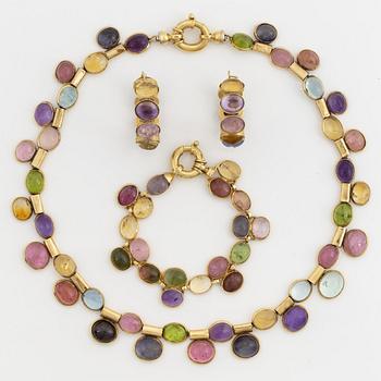 A set with necklace, earrings and bracelet with cabochon-cut multi coloured stones and gold.