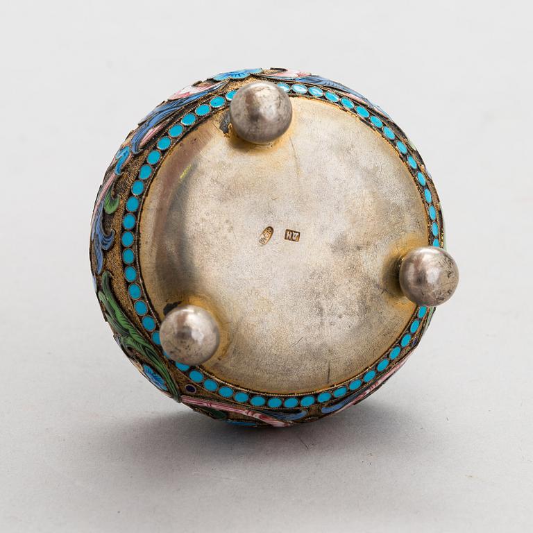 A salt cellar, mark of D. Nikitin, and 2 spoons, poss. P. Abrosimov and M. Andreyevna, enamel, silver. Moscow 1899-1908.