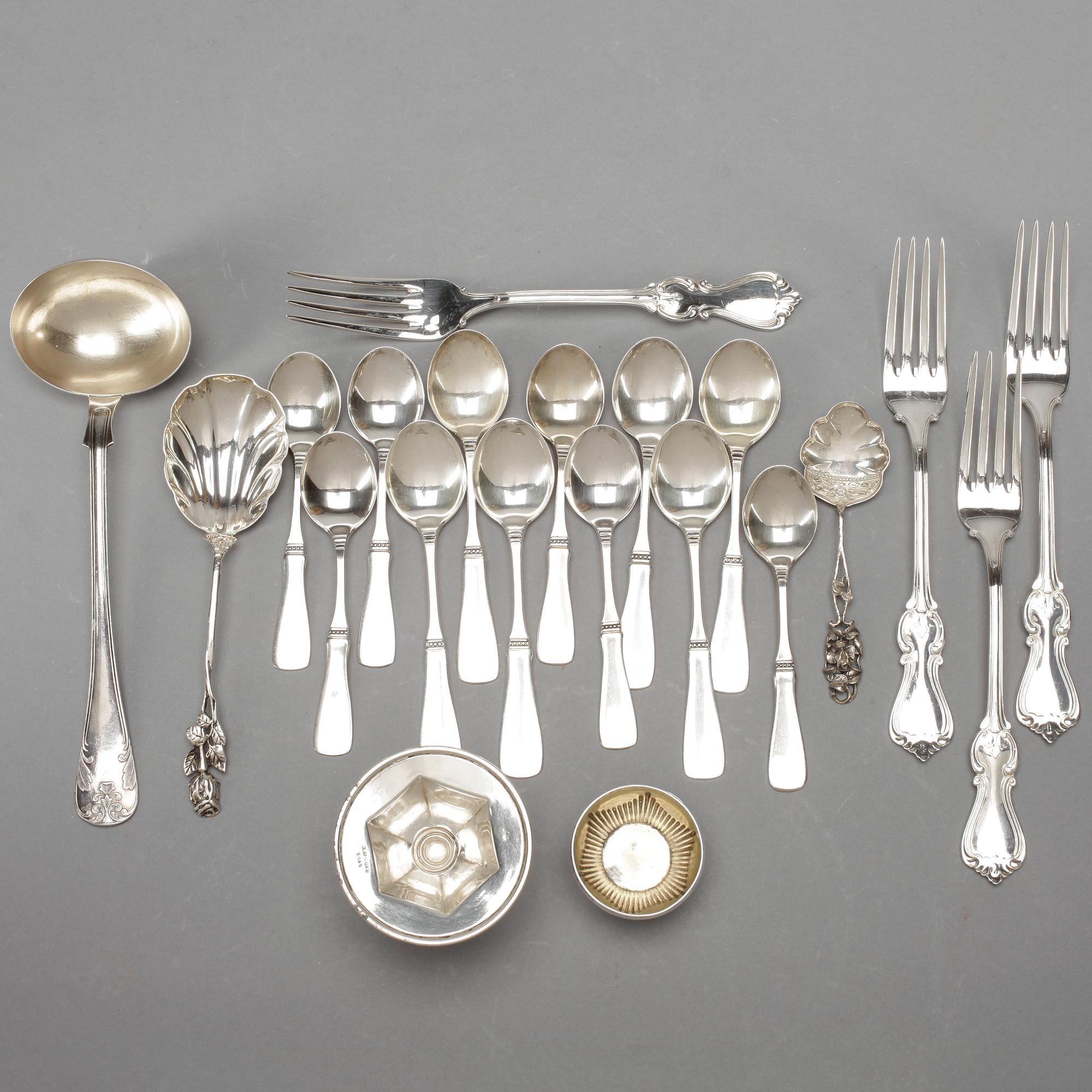 PARTI SILVER, 21 delar, bla. "Olga", GAB, Stockholm 1959. Total vikt ca 486 cm.
