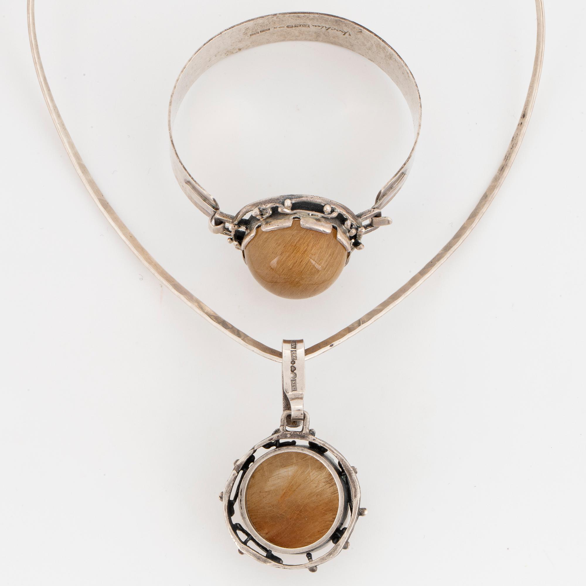Bangle and pendant silver with cabochon cut rutile quartz, Klintz, necklace Alton.