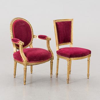 An Gustavian-style chair and armchair, early 1900's.