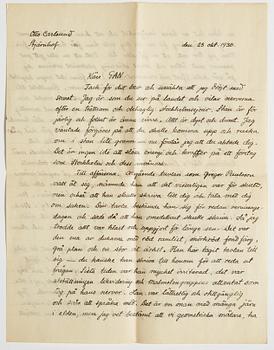 LETTER from Otto G. Carlsund to GAN (Gösta Adrian-Nilsson) in Lund, dated Stjärnhof 23 okt. 1930.