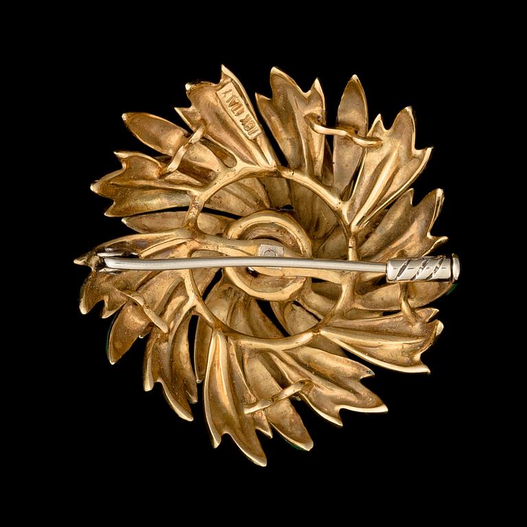 A BROOCH, 18K gold, green and blue enamel, 8/8 cut diamonds. Italy.