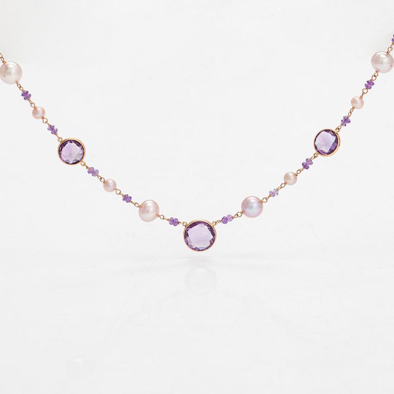 An 18K rose gold necklace, with amethysts and cultured pearls. Italy.