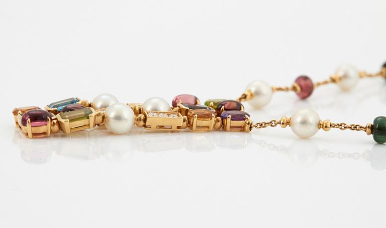 A Bulgari necklace "Allegra" in 18K gold set with coloured stones, cultured pearls and diamonds.