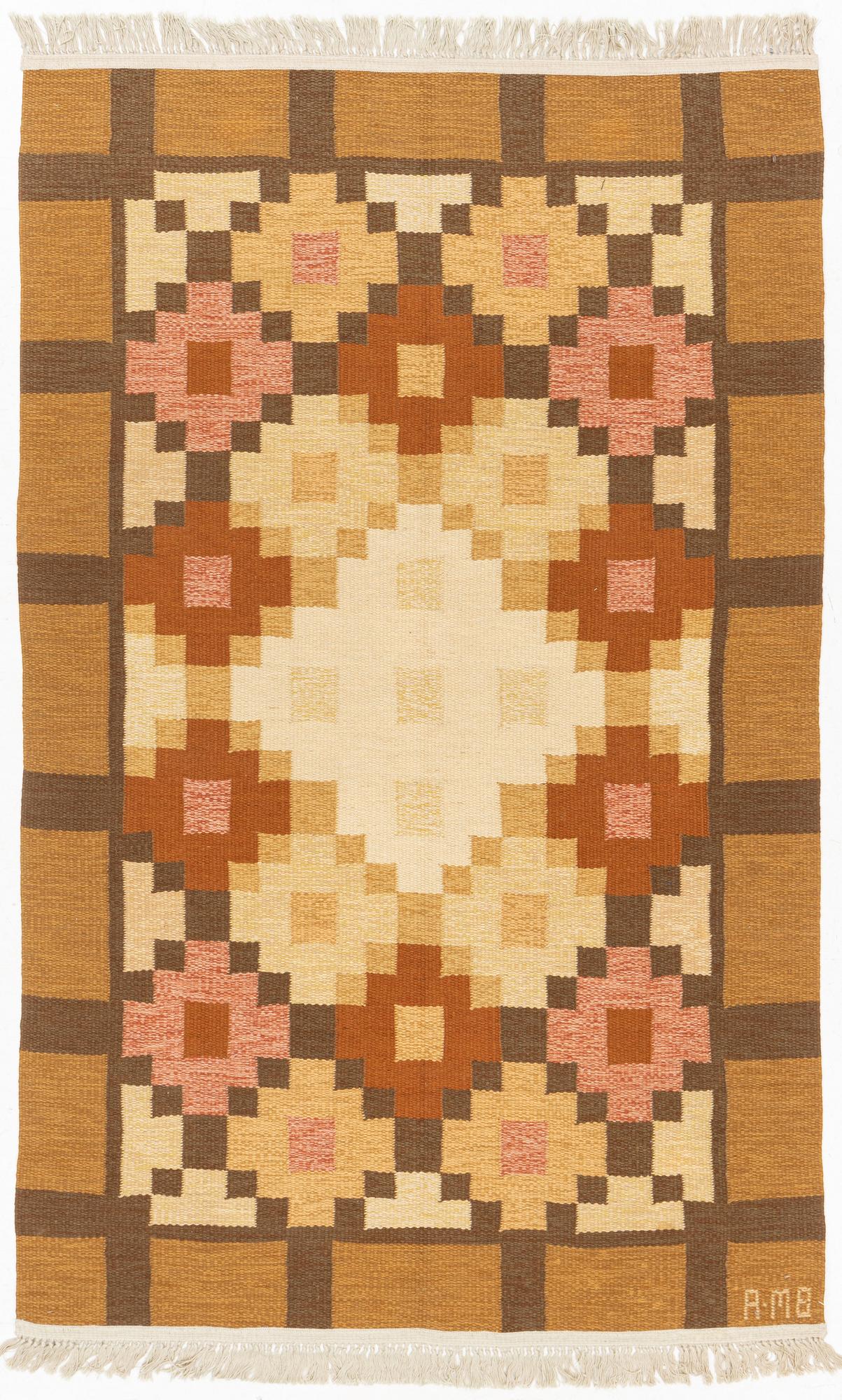 A flat weave carpet, c 210 x 130 cm, signed AMB.