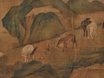 A long scroll painting after Zhao Yong (Zhao Zhongmu 1289-1369), ink and colour on paper and on silk, Qing dynasty.