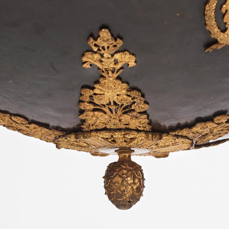 A presumably Russian Empire gilt and patinated bronze nine-branch chandelier, 19th century.