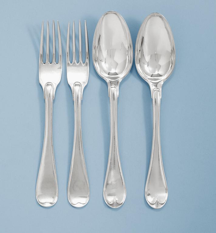 Six Swedish 18th century silver dinner forks and six dinner spoons, of P. Zethelius and J. W. Zimmerman, Stockholm 1795.