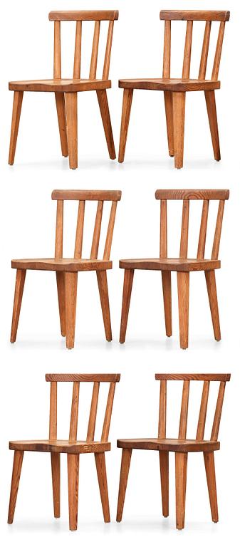 A set of six Axel Einar Hjorth 'Utö' stained pine chairs, Nordiska Kompaniet, NK, Stockholm 1930's.
