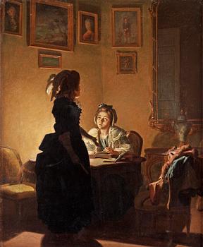 352. Pehr Hilleström, ”Ett fruent: läser vid ljus och ett annat står och förmanar henne” (Two woman, one reading by the light).